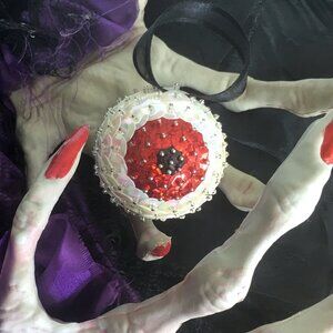 Christmas Eyeball Ornament Glam Sparkle Sequin Beaded Halloween OOAK Red Curio